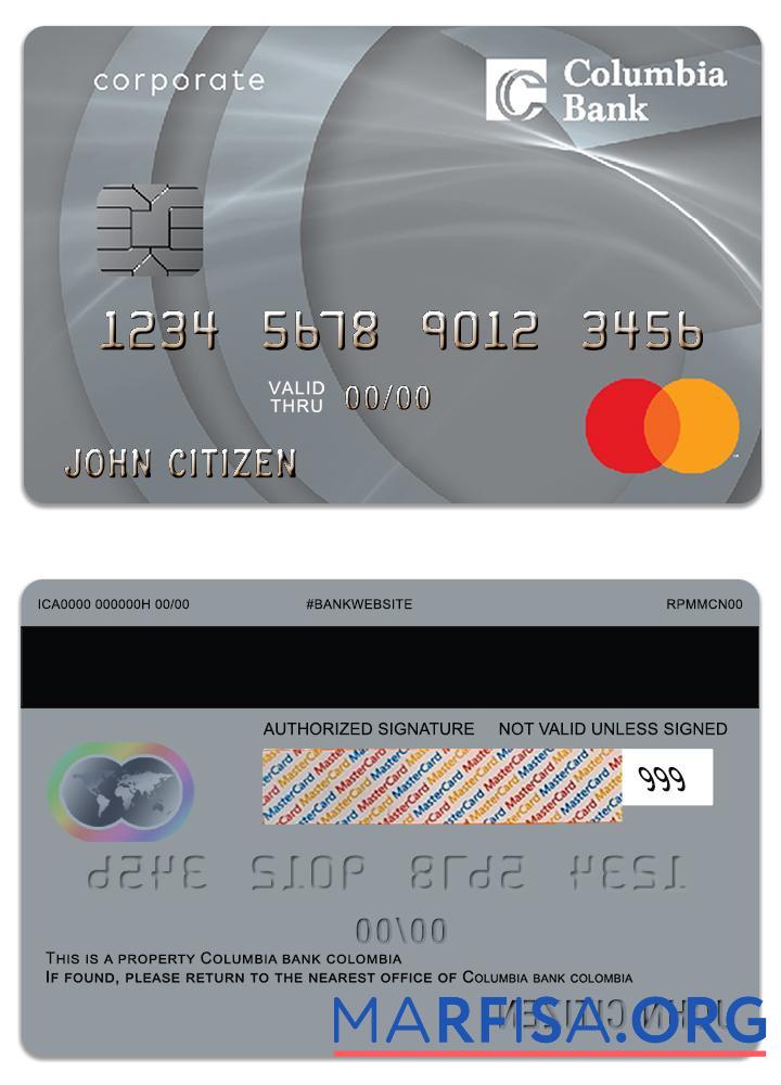 Printable USA Columbia Bank Mastercard commercial credit card template